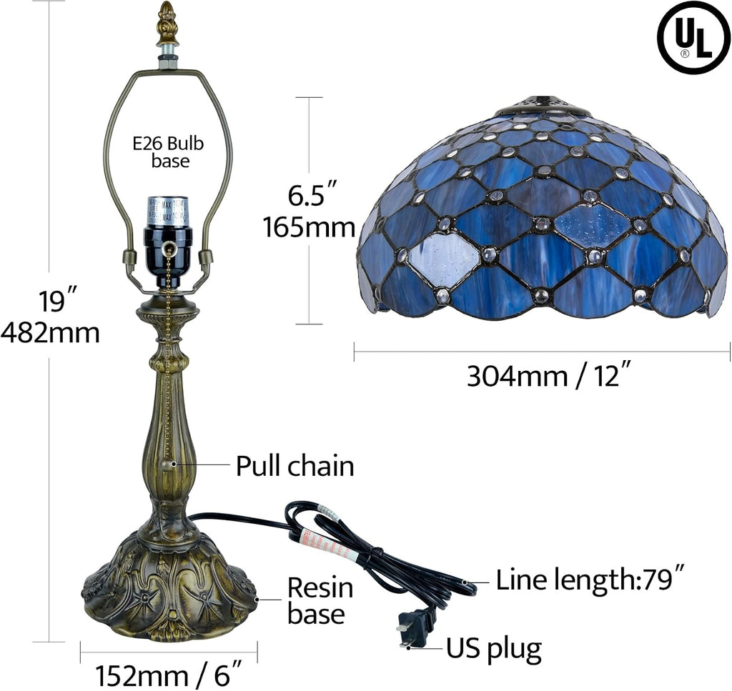 Tiffany Lamp Vintage Deep Blue Stained Glass Bead Table Lamp Desk Bedside Reading Light Decor Bedroom Living Room Home Office D12*H18 Inches
