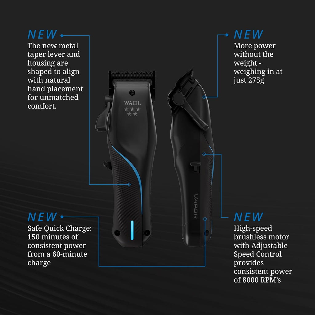 Wahl Professional 5 Star Vapor Clipper with Low Profile Charging Stand, Corded/Cordless, Adjustable F32 Fadeout Blade, Barber Bundle