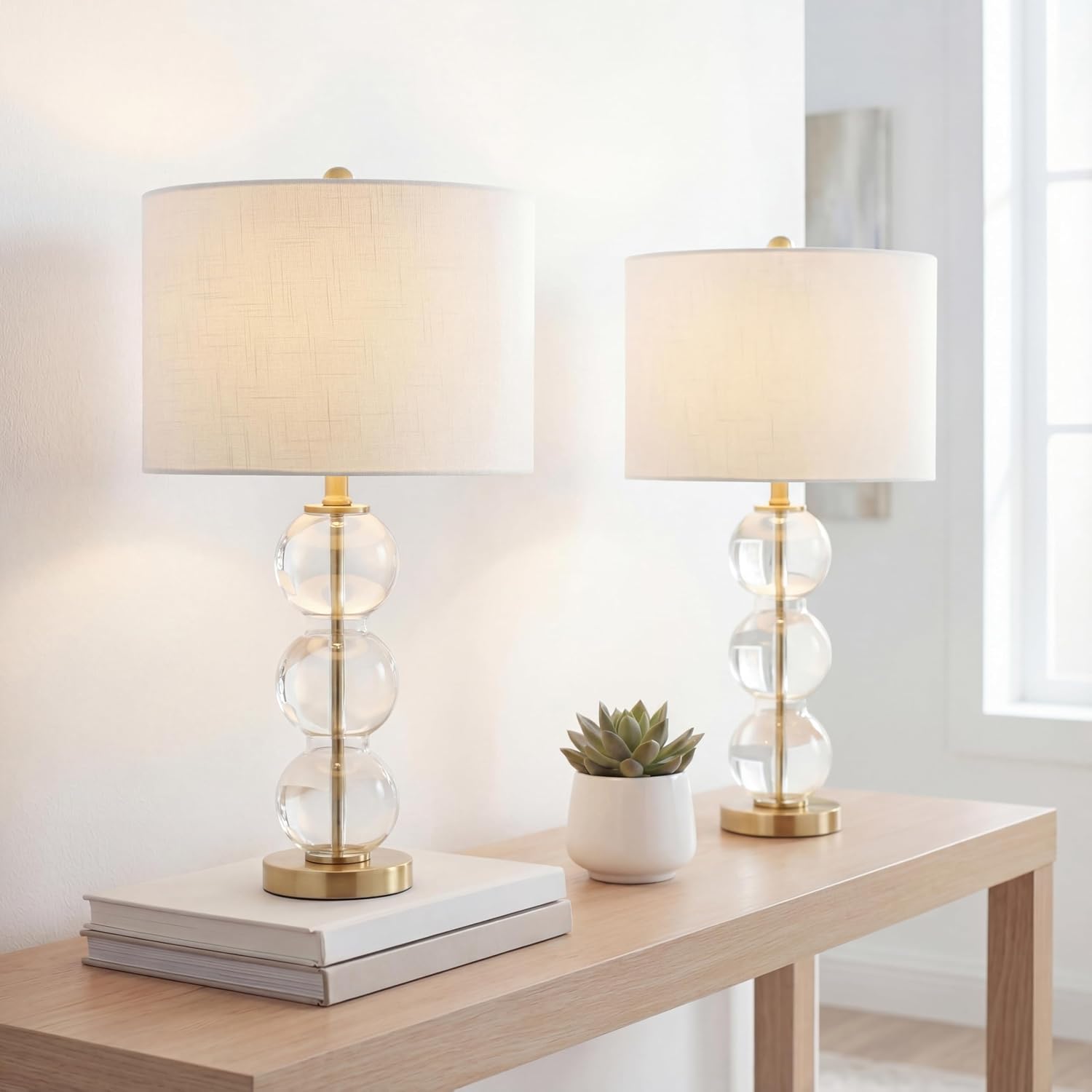 JONATHAN Y 27' Clear/Brass Triple-Sphere Glass Table Lamp Set of 2, Bedside, White Linen Shade, Modern Table Lamps for Living Room, Bedroom, Office, LED Bulbs Included JYL1070A-SET2