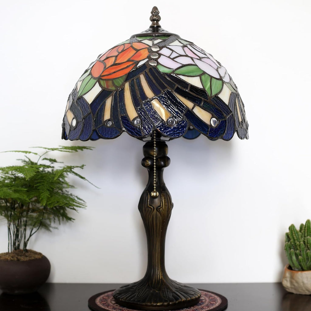 Tiffany Lamp Stained Glass Table Lamp 12' x 19' Pink Red Rose Style Decorative Lamp Bedside Reading Lamp for Desk Living Room Bedroom Office Study Light Home Decor Gift
