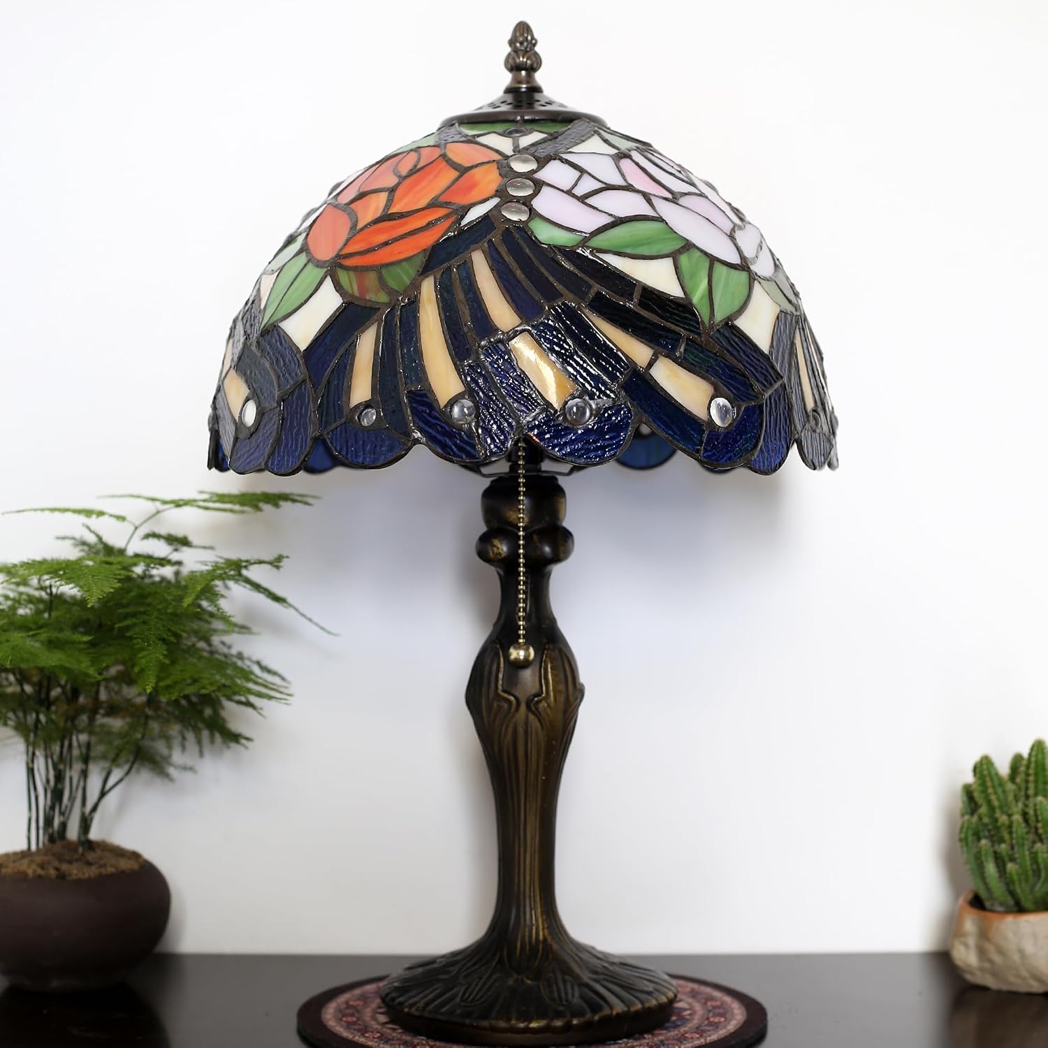 Tiffany Lamp Stained Glass Table Lamp 12' x 19' Pink Red Rose Style Decorative Lamp Bedside Reading Lamp for Desk Living Room Bedroom Office Study Light Home Decor Gift
