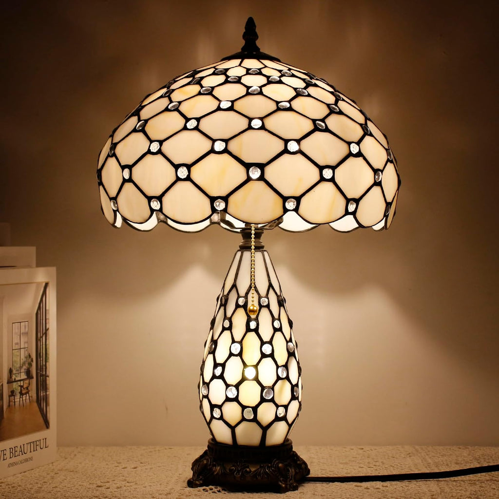 Tiffany Lamp Stained Glass Table Lamp 12X19 Inches Mother Daughter Vase Desk Accent Night Light for Bedroom Bedside Reading Home Antique Style (White Yellow)