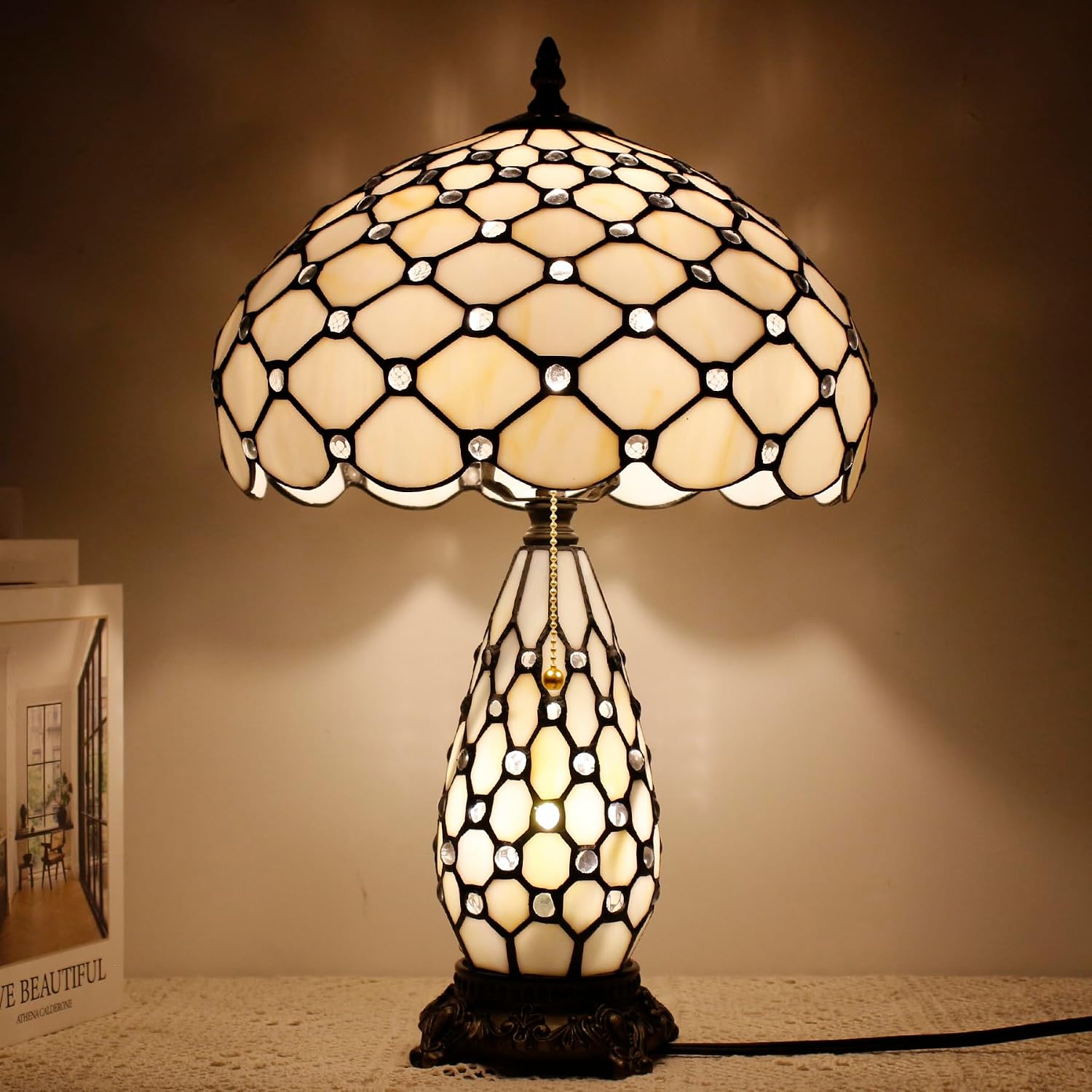 Tiffany Lamp Stained Glass Table Lamp 12X19 Inches Mother Daughter Vase Desk Accent Night Light for Bedroom Bedside Reading Home Antique Style (White Yellow)