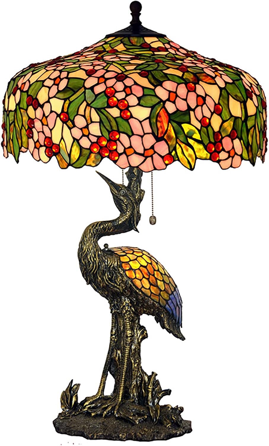 Pink Stained Glass Green Leaves Table Lamp, 20 Inch Tiffany Style Pastoral Cherry Blossom Bedroom Bedside Lamp, Living Room Office Table Decoration Lamp with Pull Cord Switch,C