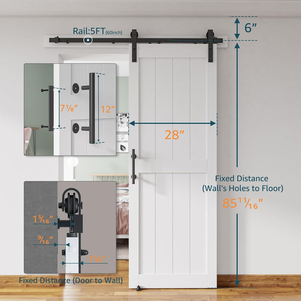 28''x84'' Sliding Barn Door with 5 Ft Barn Door Hardware Kit& Handle& Floor Guides,Pre-Drilled Holes Easy Assembly - Include Installation Manual, Water-Proof PVC Surface, H-Frame, White