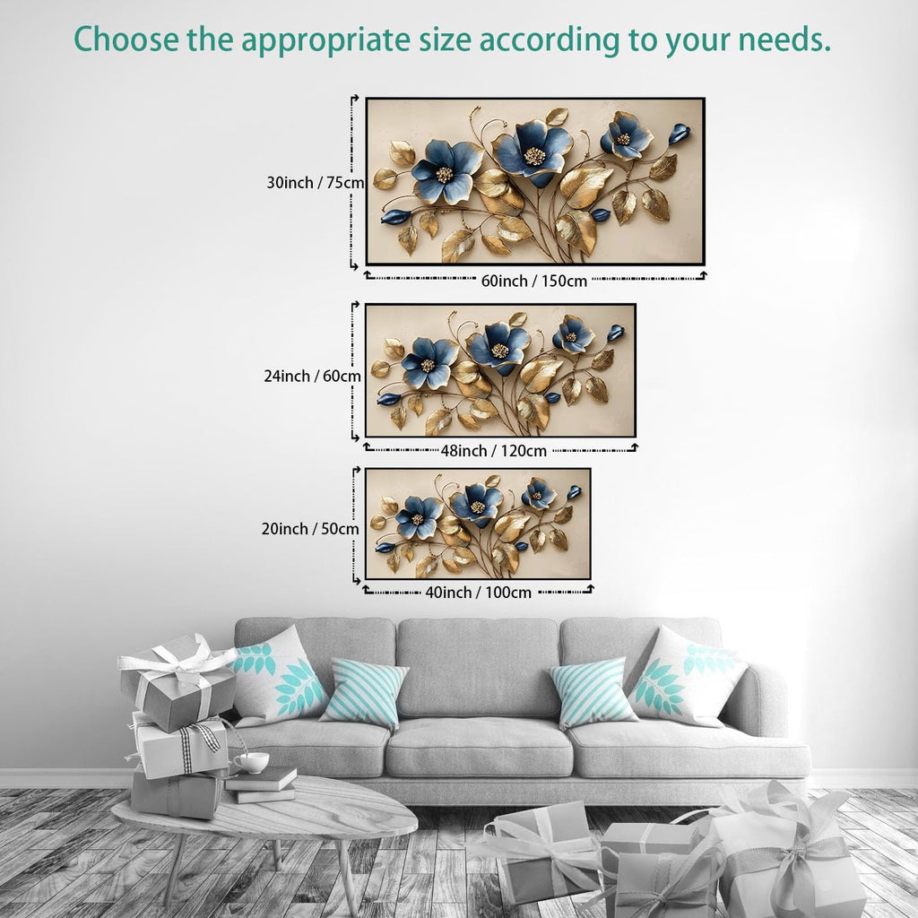 Solid wood Framed blue 3D Flowers Wall Art for Bedroom Home Decor Artwork for Wall Blue Abstract Background Golden leaf Wall Decor Canvas Print Office Living Room Decor Ready to Hang 24x48inch