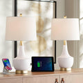 360 Lighting Nesbit 25' High Mid Century Modern Table Lamps Set of 2 USB Port White Gold Ceramic Metal Fabric Shade Living Room Charging Bedroom Bedside Nightstand House Office Home Reading Kitchen