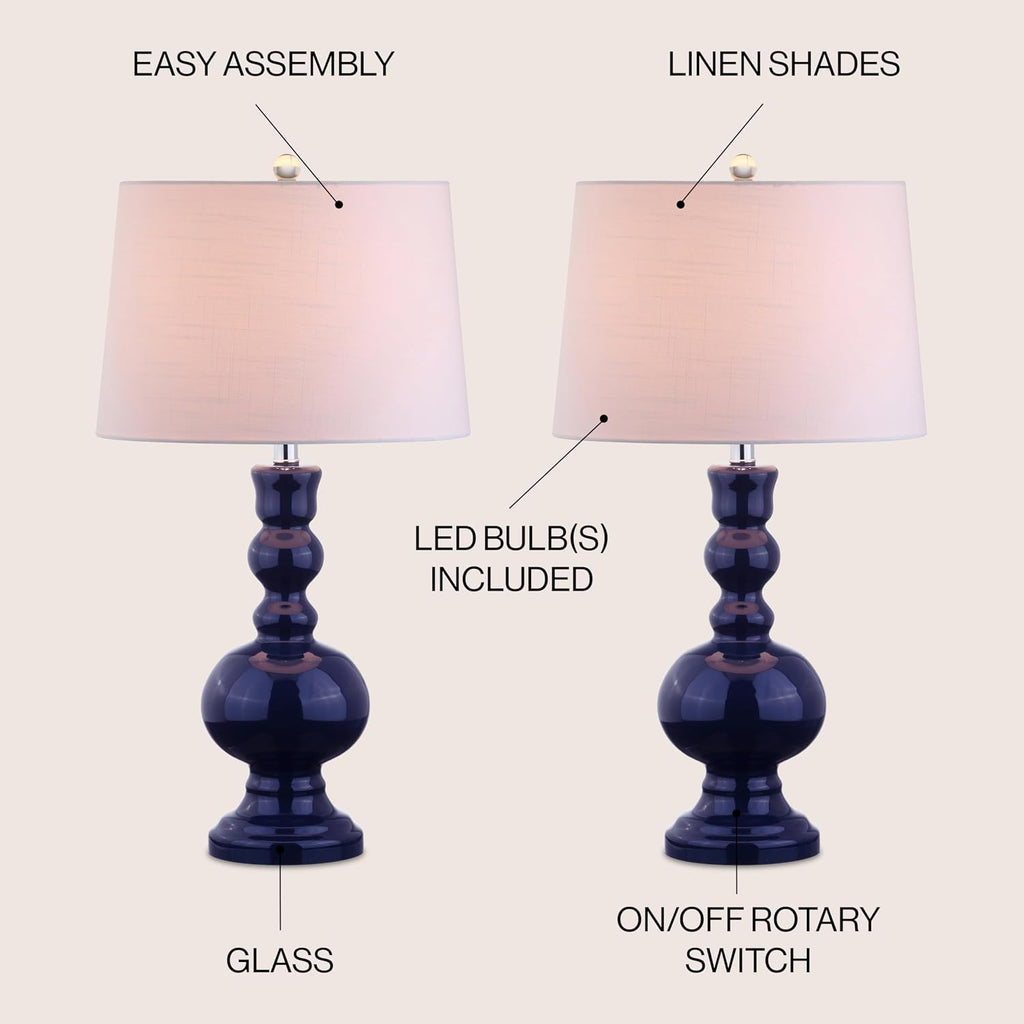 JONATHAN Y 28.5' Navy Glass Table Lamp Set of 2 for Living Room Bedroom Decor, Modern Bedside Lamps with White Linen Shade, LED Bulbs Included (JYL1061E-SET2)