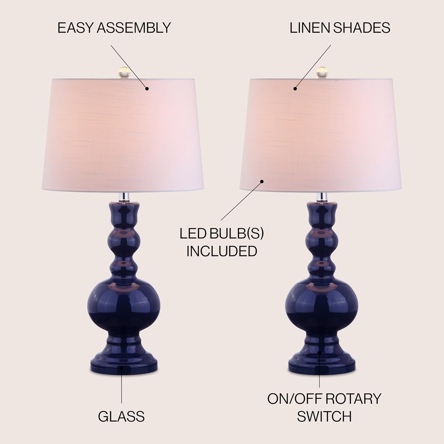JONATHAN Y 28.5' Navy Glass Table Lamp Set of 2 for Living Room Bedroom Decor, Modern Bedside Lamps with White Linen Shade, LED Bulbs Included (JYL1061E-SET2)