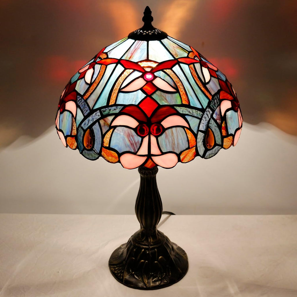 WERFACTORY Tiffany Lamp Blue Pink Stained Glass Table Lamp Reading Light 12X12X18 Inches Decor Bedroom Living Room Home Office S830B Series