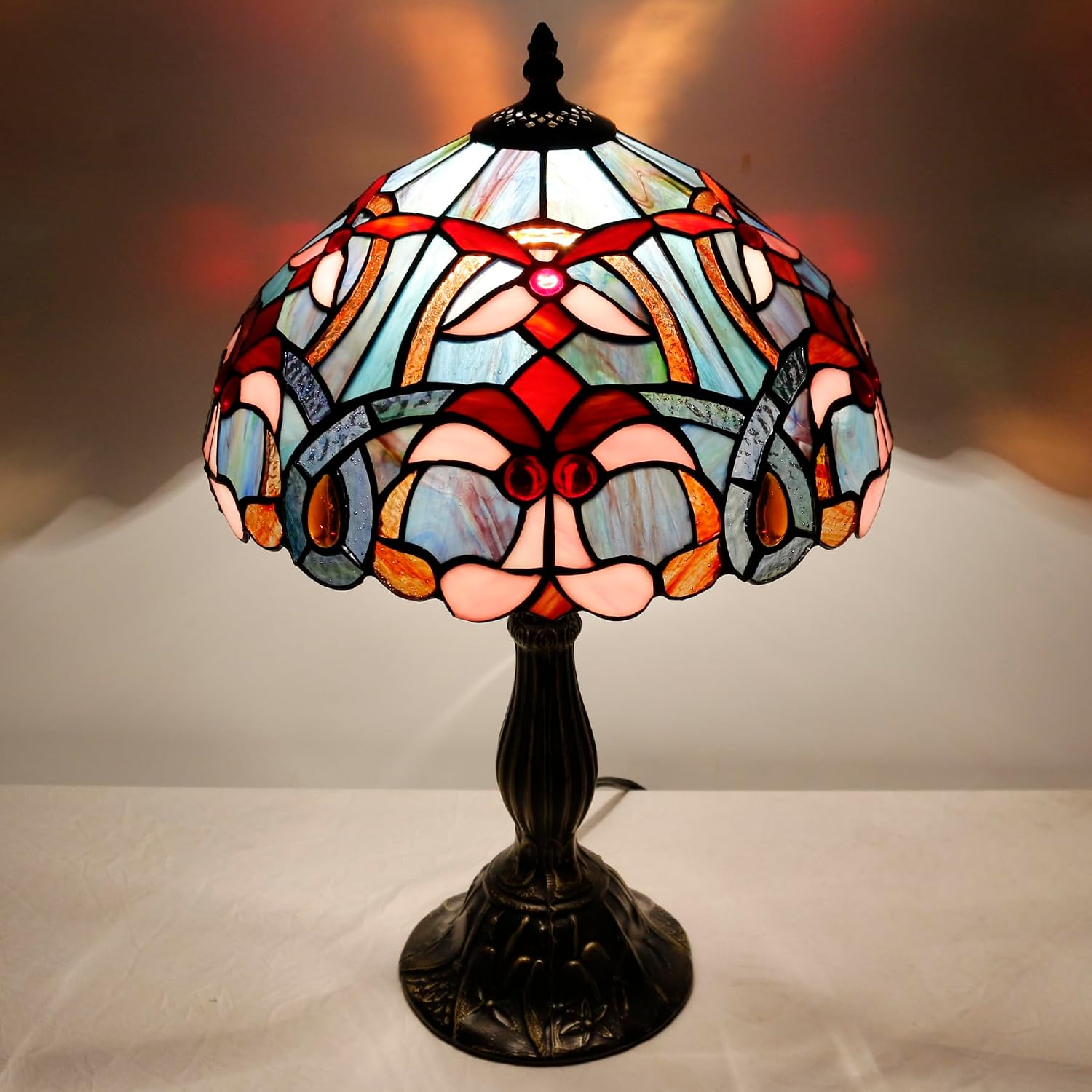 WERFACTORY Tiffany Lamp Blue Pink Stained Glass Table Lamp Reading Light 12X12X18 Inches Decor Bedroom Living Room Home Office S830B Series