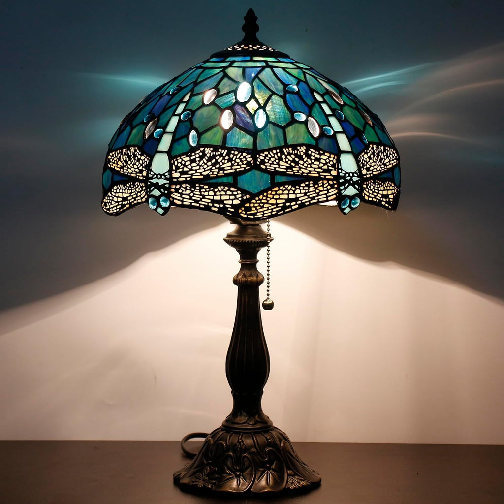 Tiffany Table Lamp Stained Glass Lamp 12X12X19 Inch Antique Reading Light (Blue Dragonfly)