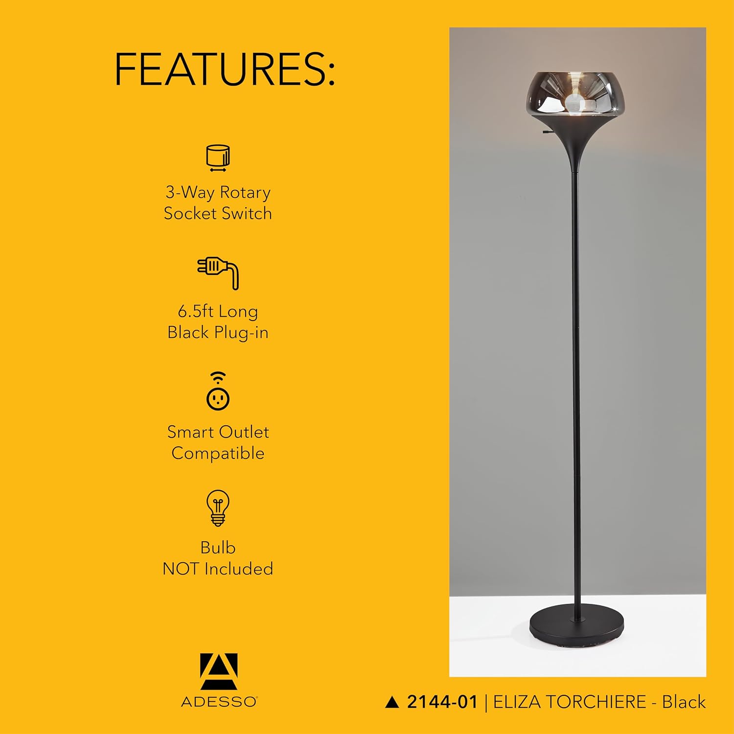 Adesso Black Torchiere Floor Lamp with Smoked Glass Dome Shade – 3-Way Adjustable Ambient Accent Lighting for Bedroom, Living Room or Home Office, 69.5' Tall