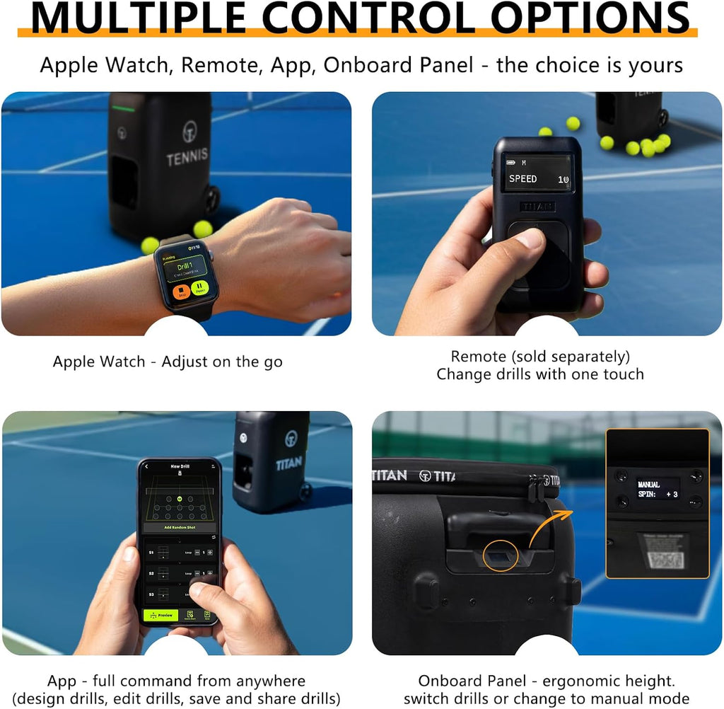 Titan ONE Tennis Ball Machine with 130-Ball Capacity & Internal Oscillation | Remote Control via Free App, 80 MPH Speed, Portable with Trolley Handle & Wheels