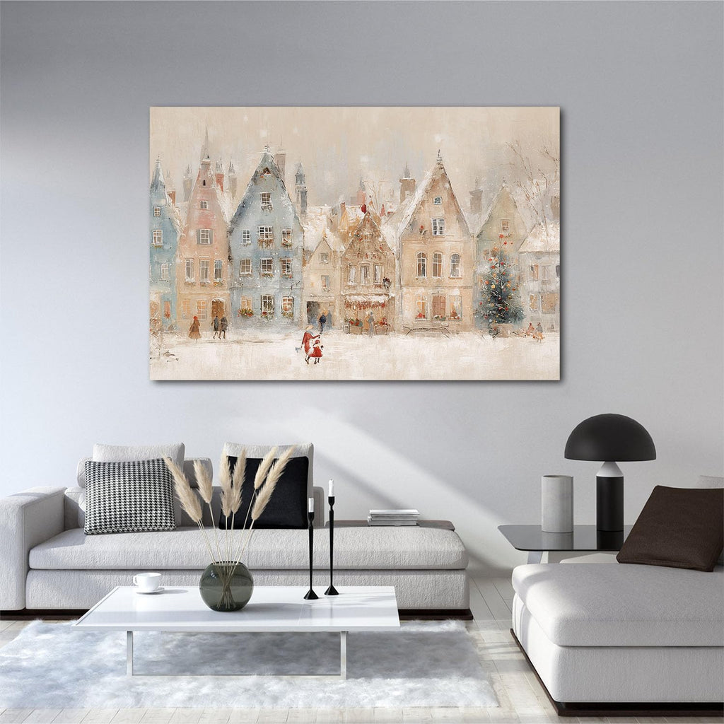 Winter village wall art print, European Christmas town oil painting, Christmas illustration, snowy holiday street scene, rural scenery, nursery wall decor 28x40in Wood Framed