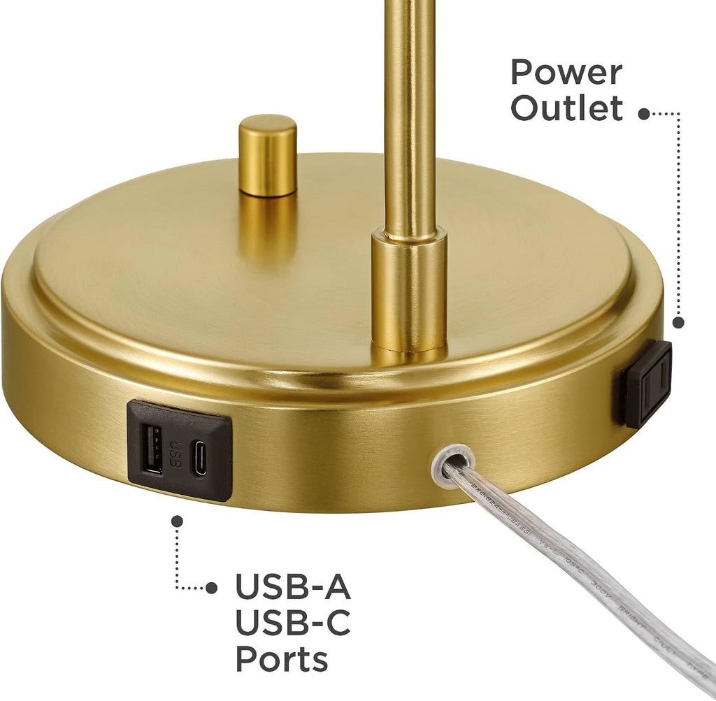 360 Lighting Kelowna 25' High Modern Desk Lamp with USB Charging Ports A+C and AC Power Outlet Gold Antique Brass Finish Metal White Globe Shade Home Office Living Room Bedroom