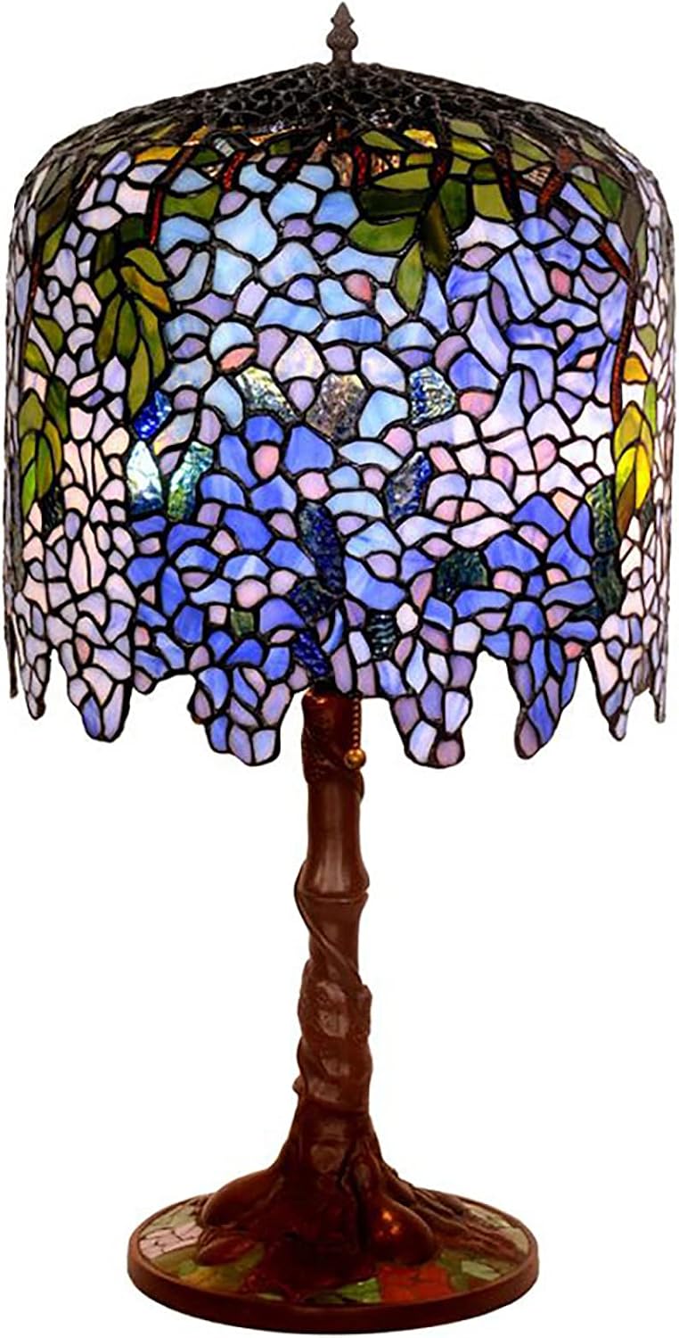 Wisteria Lamp, Tiffany Style Green Pink Stained Glass Table Lamp, Green Leaves Shade Bedroom Bedside Lamp, Living Room Office Table Decoration Lamp with Pull Cord Switch