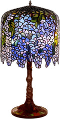 Wisteria Lamp, Tiffany Style Green Pink Stained Glass Table Lamp, Green Leaves Shade Bedroom Bedside Lamp, Living Room Office Table Decoration Lamp with Pull Cord Switch