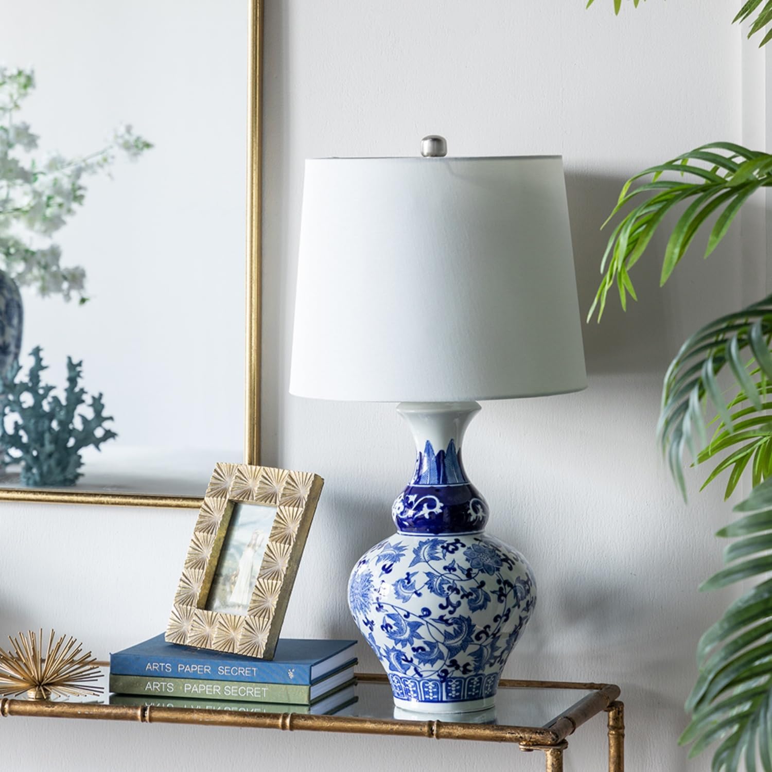 Montary 27.6' Chinoiserie Table Lamp, Classic Blue and White Round Ceramic Vase Lamp, Traditional Bedside Desk Nightstand Lamp for Bedroom Living Room Office College Bookcase Console