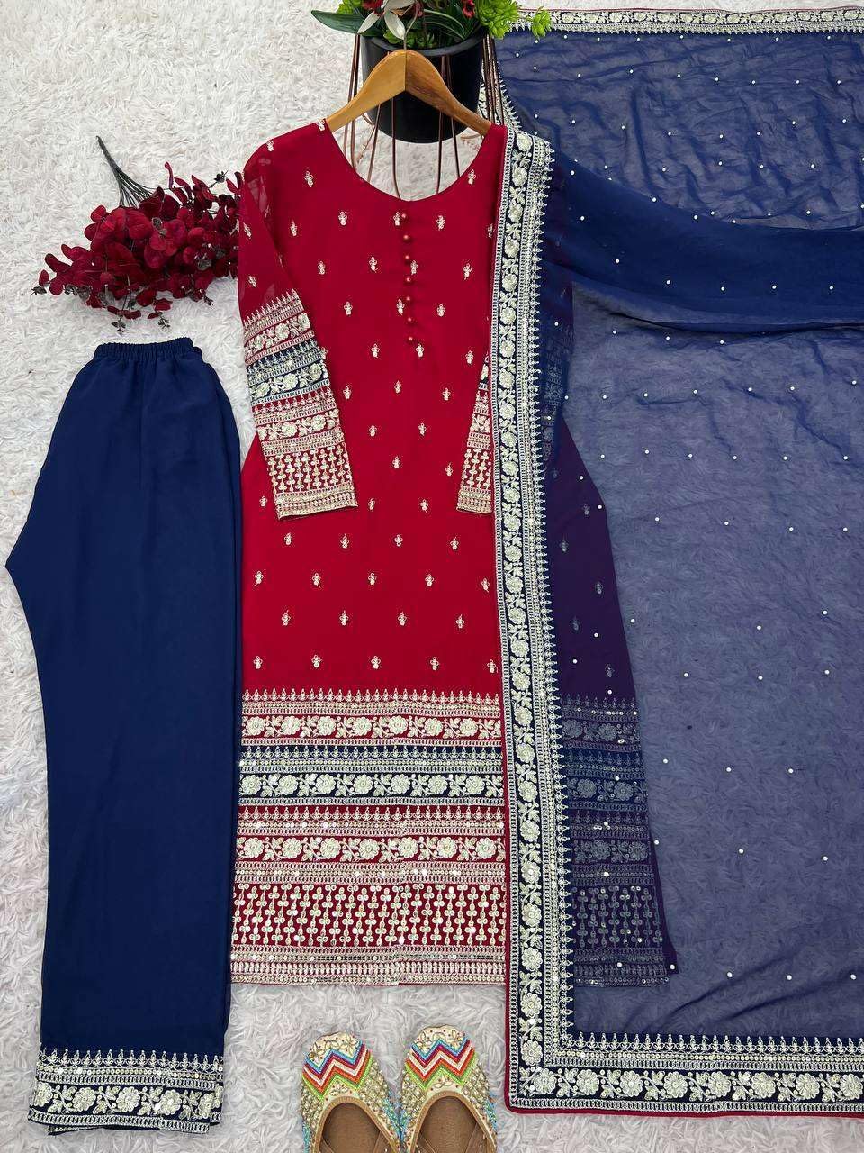 Narayan art and craft Women's Faux Georgette Embroidered Straight Kurti with Pant & Dupatta Set with Rivet Moti Work