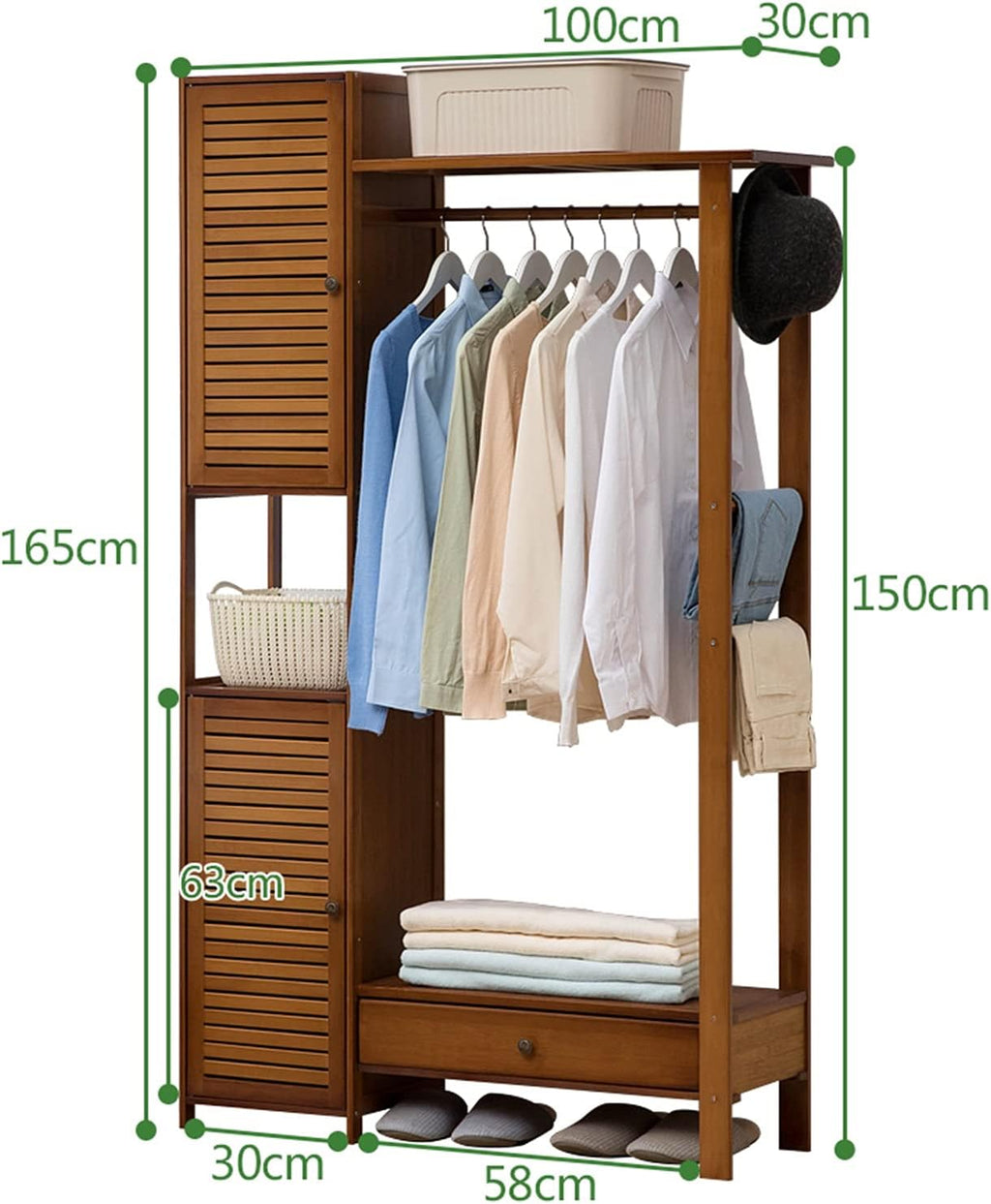 Coat Rack Stand Clothes Rack Stand, Free Standing Wardrobe, Modern Wood Furniture, Bedroom Hall Entryway Office for Storage Clothes Shoe Hat Umbrella(Wood Color-a-88X30X165CM