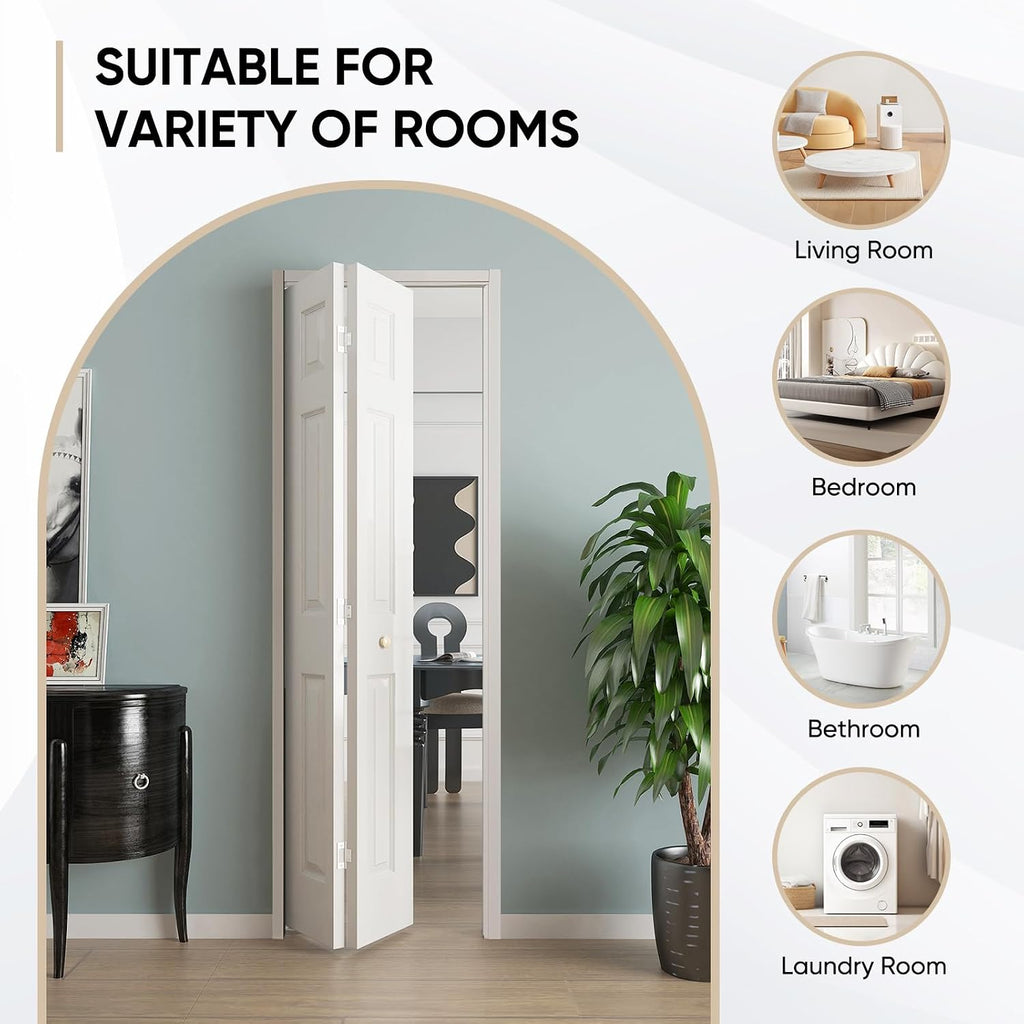 JUBEST Bifold Doors, 6 Panel Primed Bifold Closet Doors for 30'x80' Door Opening, Modern White Hollow Core Bi-Fold Door Slab with Hardware Kit & Knob, Widely Used, Primed