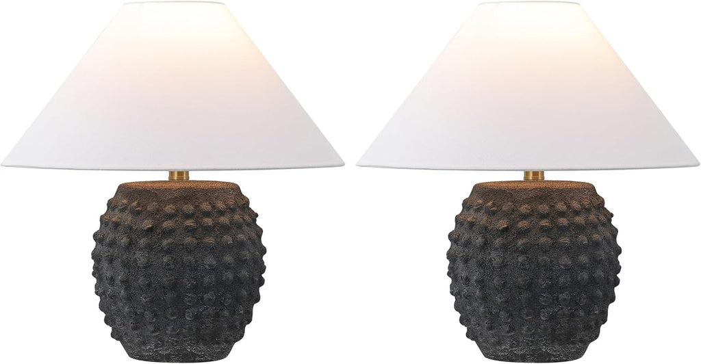 JONATHAN Y 18.25' Matte Black Ceramic Hobnail Table Lamp Set of 2 for Bedroom, Modern Minimalist Farmhouse Bedside Nightstand Lamps, White Linen Shade, LED Bulbs Included JYL5601A-SET2
