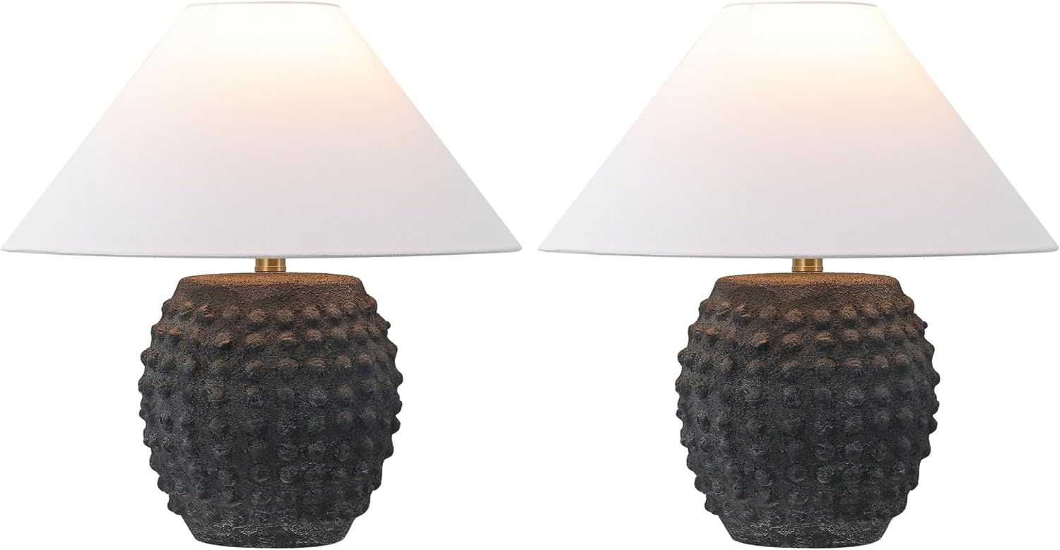 JONATHAN Y 18.25' Matte Black Ceramic Hobnail Table Lamp Set of 2 for Bedroom, Modern Minimalist Farmhouse Bedside Nightstand Lamps, White Linen Shade, LED Bulbs Included JYL5601A-SET2