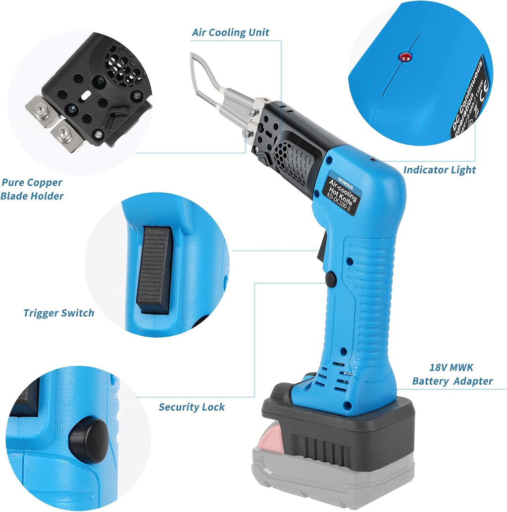 Cordless Air Cooling Pro Electric Hot Knife, Bare Machine 3 Blades Fabric Cutter & Rope Cutting Tool with Heavy-Duty Case & Battery Adapter compatible with MWK Battery Not Included
