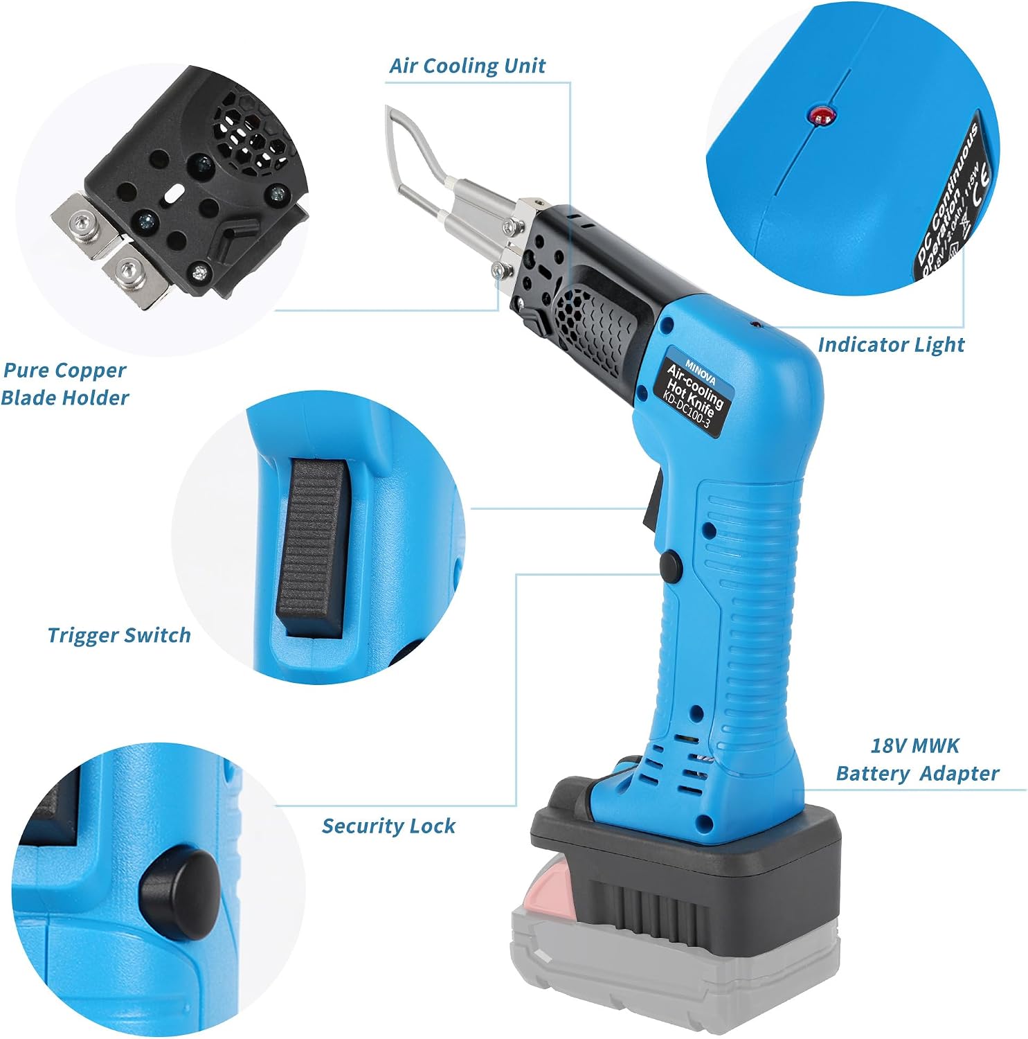Cordless Air Cooling Pro Electric Hot Knife, Bare Machine 3 Blades Fabric Cutter & Rope Cutting Tool with Heavy-Duty Case & Battery Adapter compatible with MWK Battery Not Included