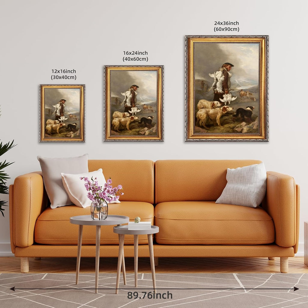 Large Gold Framed Winter Shooting Hares and Ptarmigan By Richard Ansdell Canvas Wall Art Coastal Countryside Scene Oil Paintings Reproduction Poster Rustic European Artwork Print Decor 24x36inch