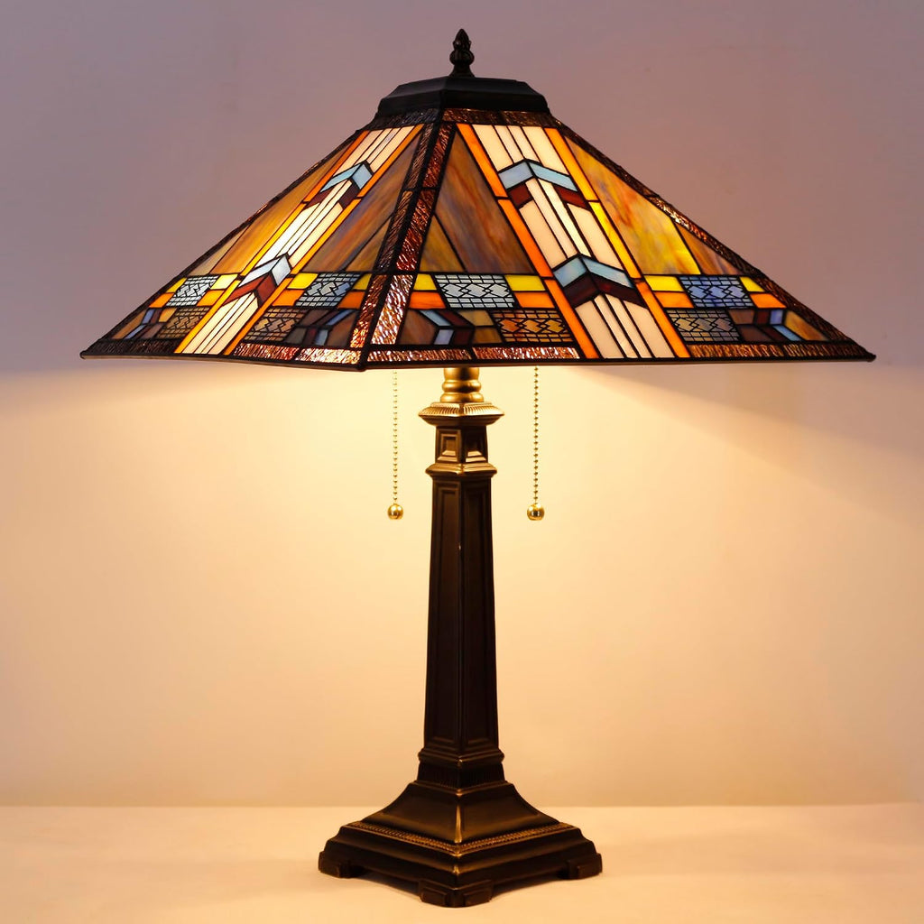 Tiffany Table Lamp Blue Cloudy Mission Style Stained Glass 16X16X23 Inches Desk Reading Light for Bedrooms Living Room Study Home Office