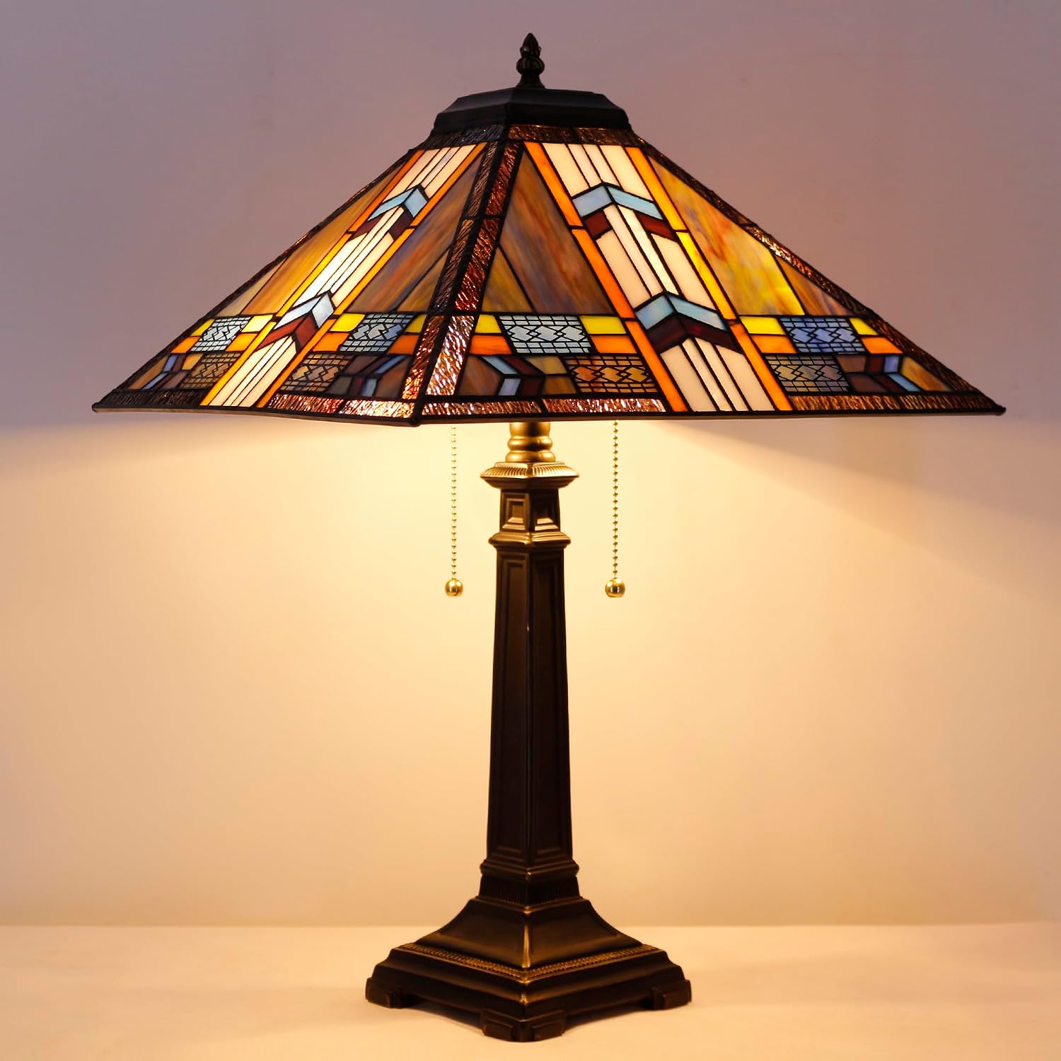 Tiffany Table Lamp Blue Cloudy Mission Style Stained Glass 16X16X23 Inches Desk Reading Light for Bedrooms Living Room Study Home Office