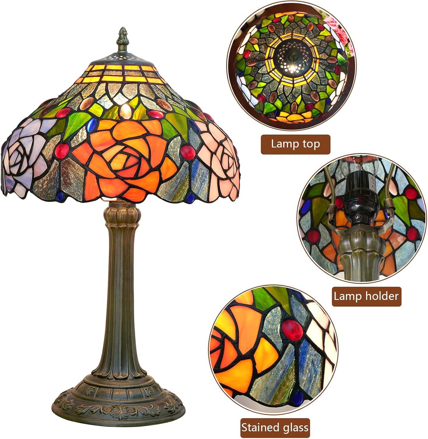 Tiffany Style Stained Glass Lamp Red Orange Purple Pink Rose Table Lamp Bedroom Bedside Reading Desk Light for Living Office Retro Unique Cute Accent Decor 12' Village Gift Nightstand Lamps