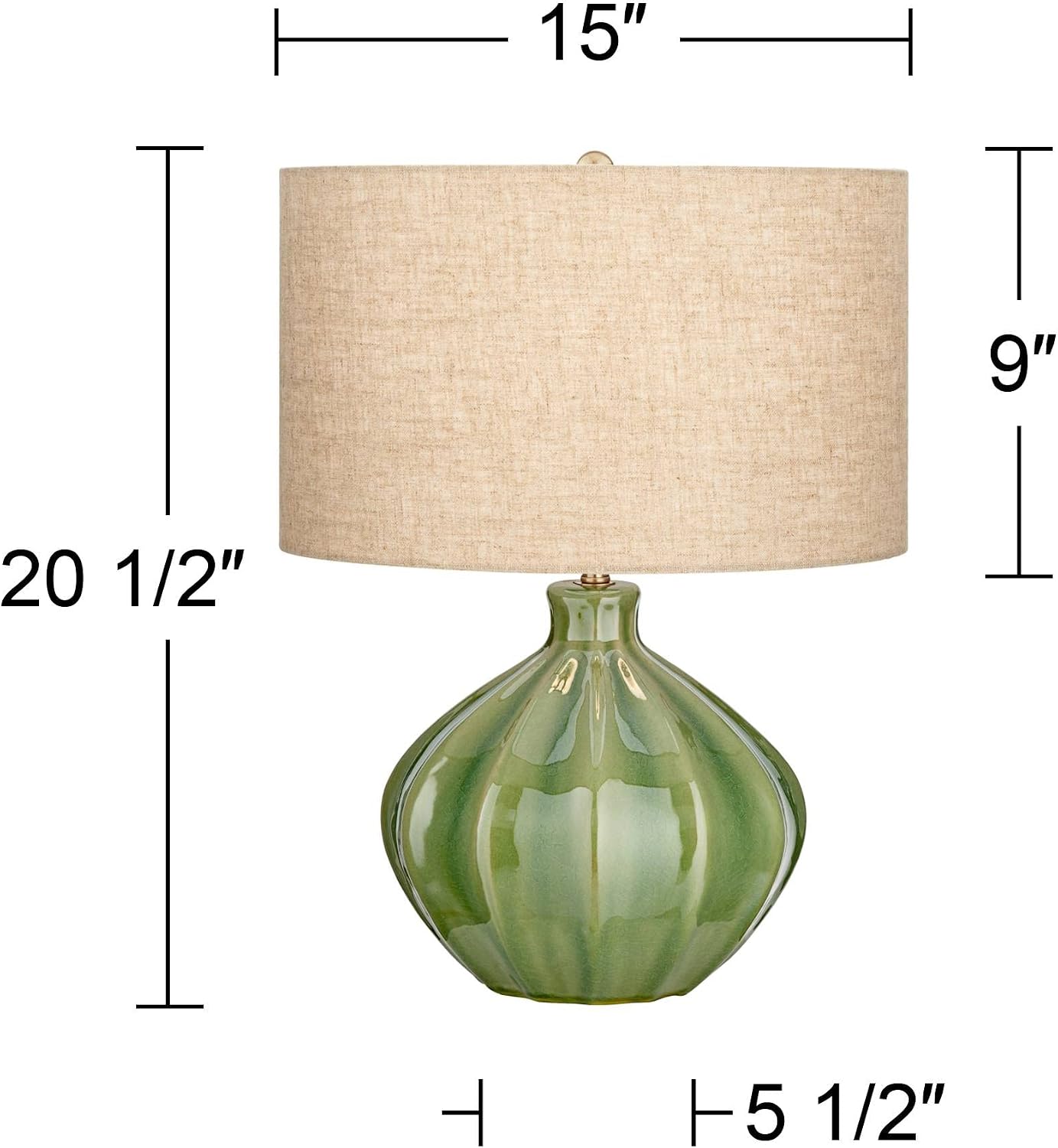 360 Lighting Gordy Mid Century Modern Accent Table Lamps 20 1/2' Tall Set of 2 Green Ribbed Ceramic Oatmeal Fabric Drum Shade for Bedroom Living Family Room Bedside Nightstand House Home