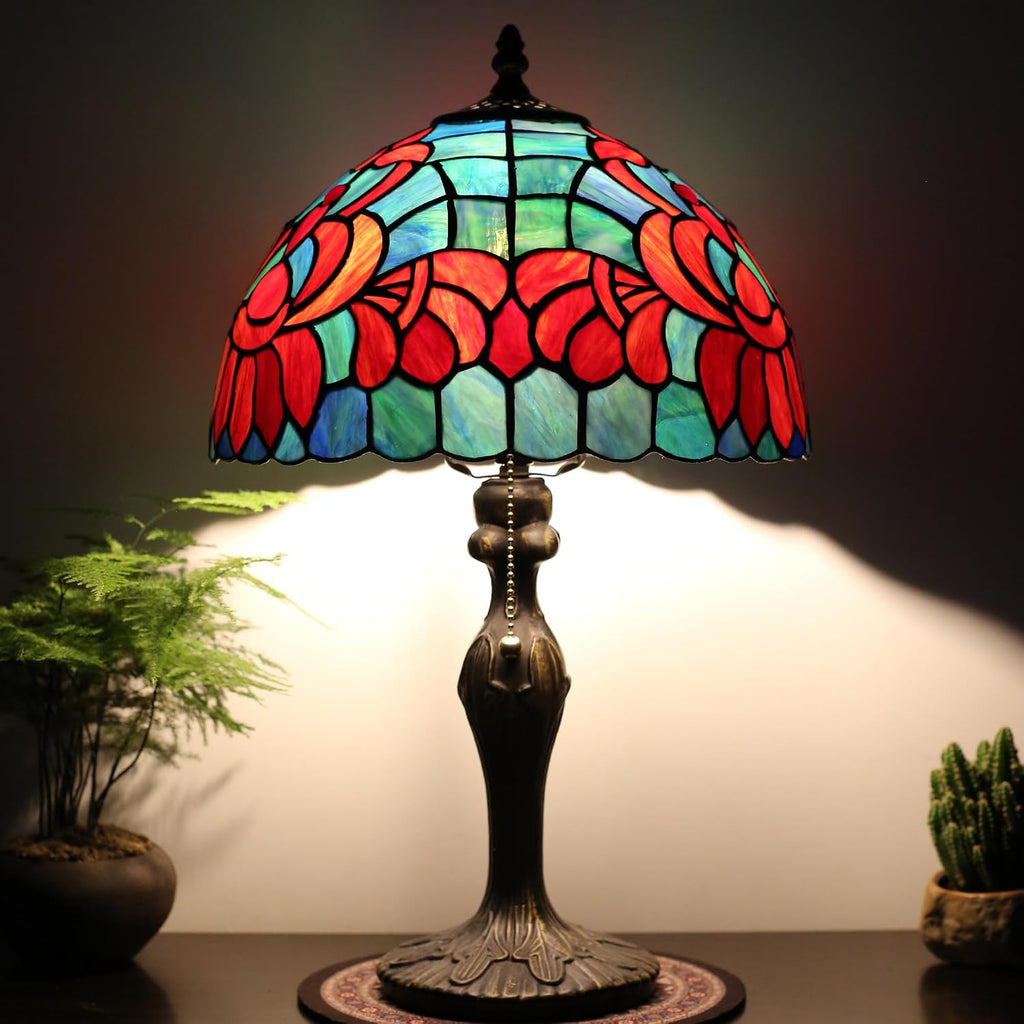 Tiffany Lamp Stained Glass Table Lamp Bedside Reading Lamp 12 x 19' Lotus Style Decorative Lamp for Desk Living Room Bedroom Study Office Light Home Decor Ambient Gift