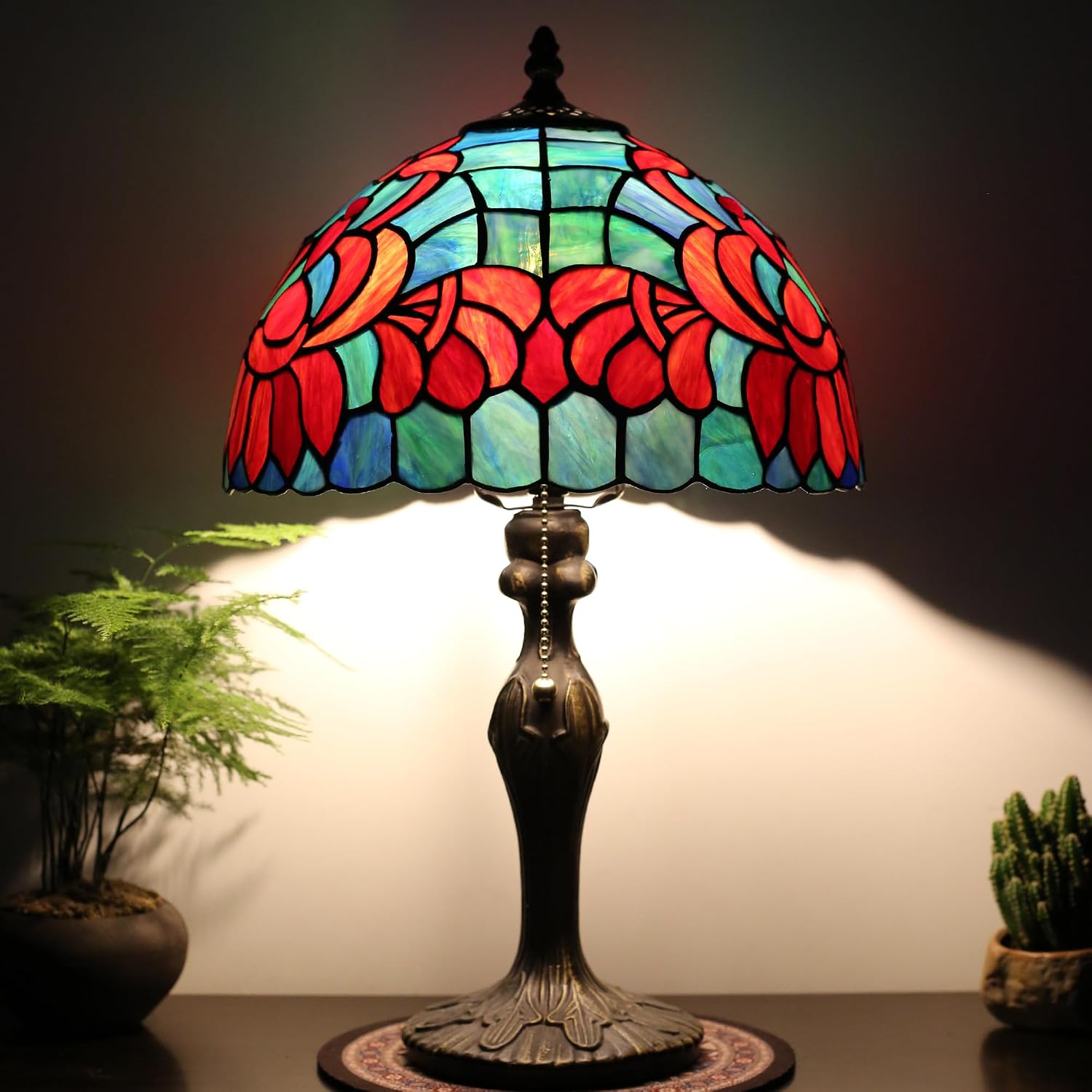 Tiffany Lamp Stained Glass Table Lamp Bedside Reading Lamp 12 x 19' Lotus Style Decorative Lamp for Desk Living Room Bedroom Study Office Light Home Decor Ambient Gift