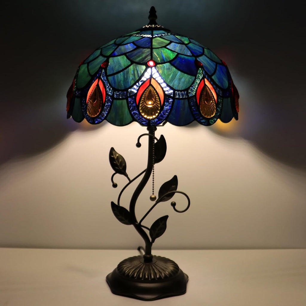 Tiffany Lamp Sea Blue Peacock Tail Style Stained Glass Table Lamp Desk Bedside Reading Light 12X12X19 Inches with Metal Leaf Base
