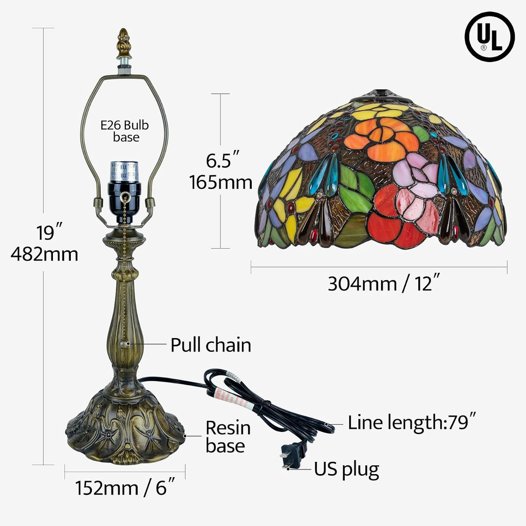 Tiffany Style Table Lamp, Stained Glass Bedside Lamp with Flower Floral Design, Vintage Handcrafted Nightstand Lamp for Living Room Bedroom Home Office
