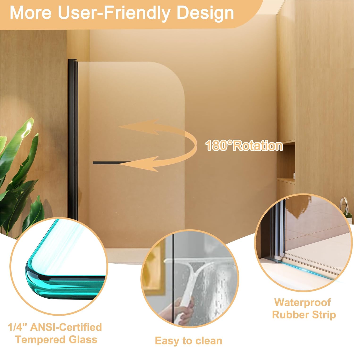 31 * 55 Inch Frameless Shower Door for Bathtub，180 Degree Hinged Pivot, Chrome Finish Bathroom Door，with 1/4' (6mm) SGCC Tempered Glass, Handle and Seal Strip for Waterproof (Black