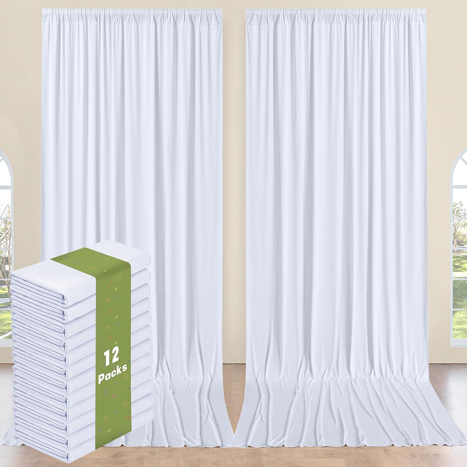 12 Panels 5x12ft White Backdrop Curtains for Parties, Wrinkle Free Polyester Photo Backdrop Drapes 12 ft Long Back Drop Cloth Drapery for Wedding Birthday Baby Shower Photography Party Background
