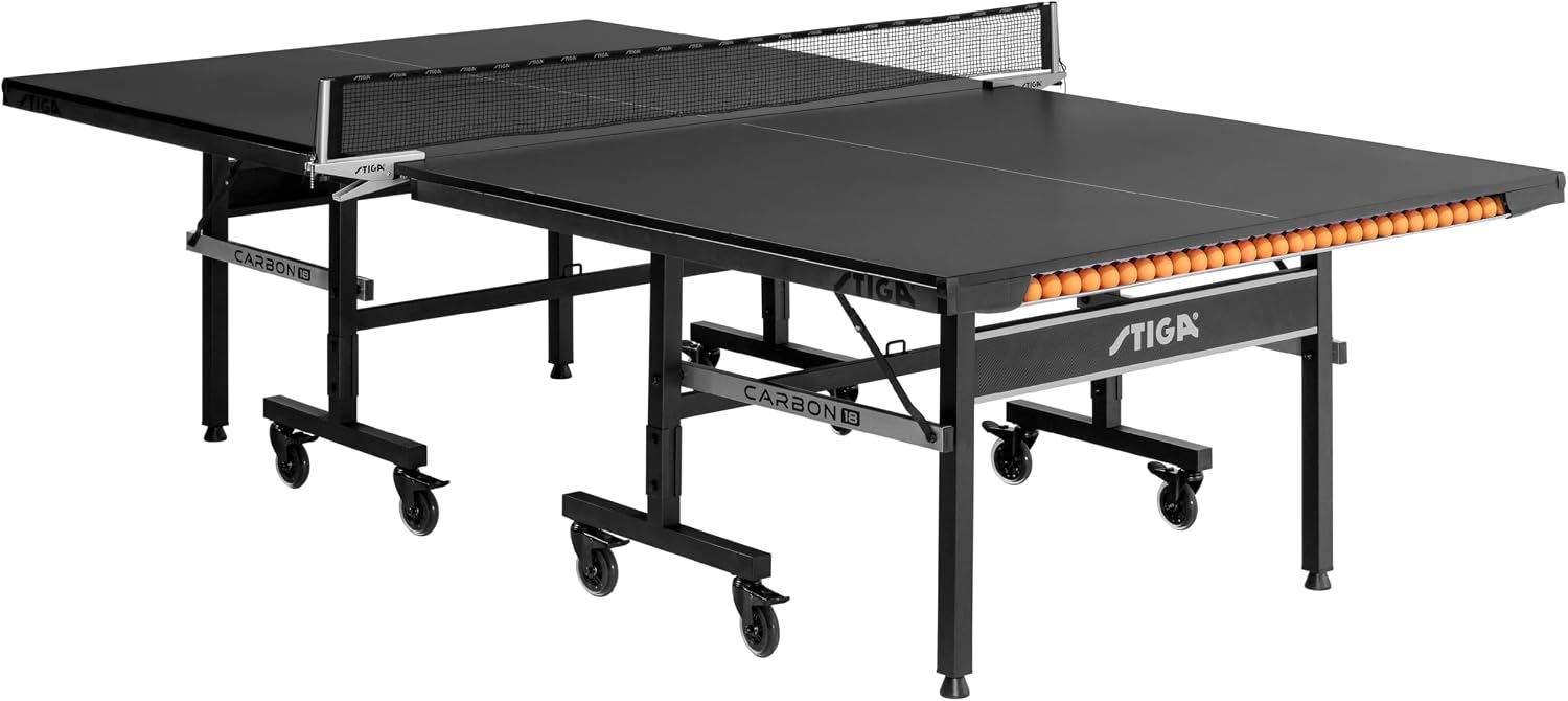 STIGA Carbon Series Indoor Table Tennis Table with 15mm - 18mm Performance Top, QuickPlay Assembly, Built-in Ball Storage, Foldable Playback Mode & Lockable Casters
