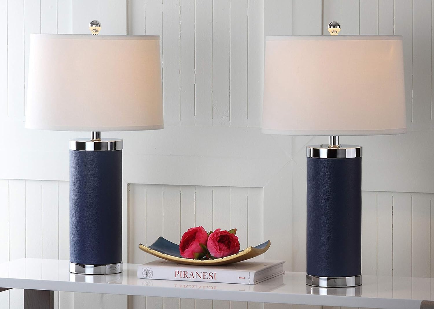 Safavieh Lighting Collection Leather Column Navy Table Lamp, Set of 2