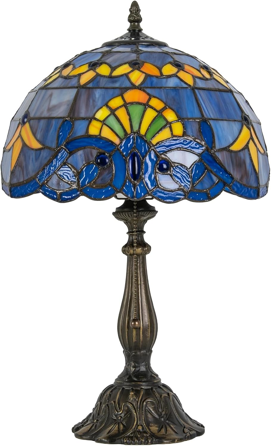 Tiffany Style Table Lamp, 12 Inch Stained Glass Bedside Lamp with Blue Baroque Design Vintage Handcrafted Nightstand Lamp for Reading Living Room Bedroom Office