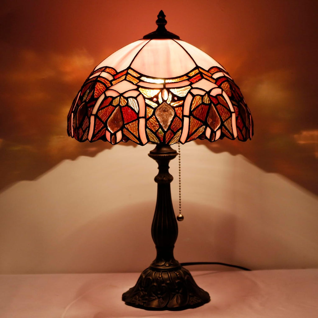 Tiffany Table Lamp Stained Glass Lamp 12X12X19 Inch Antique Reading Light (Pink Jewelry)