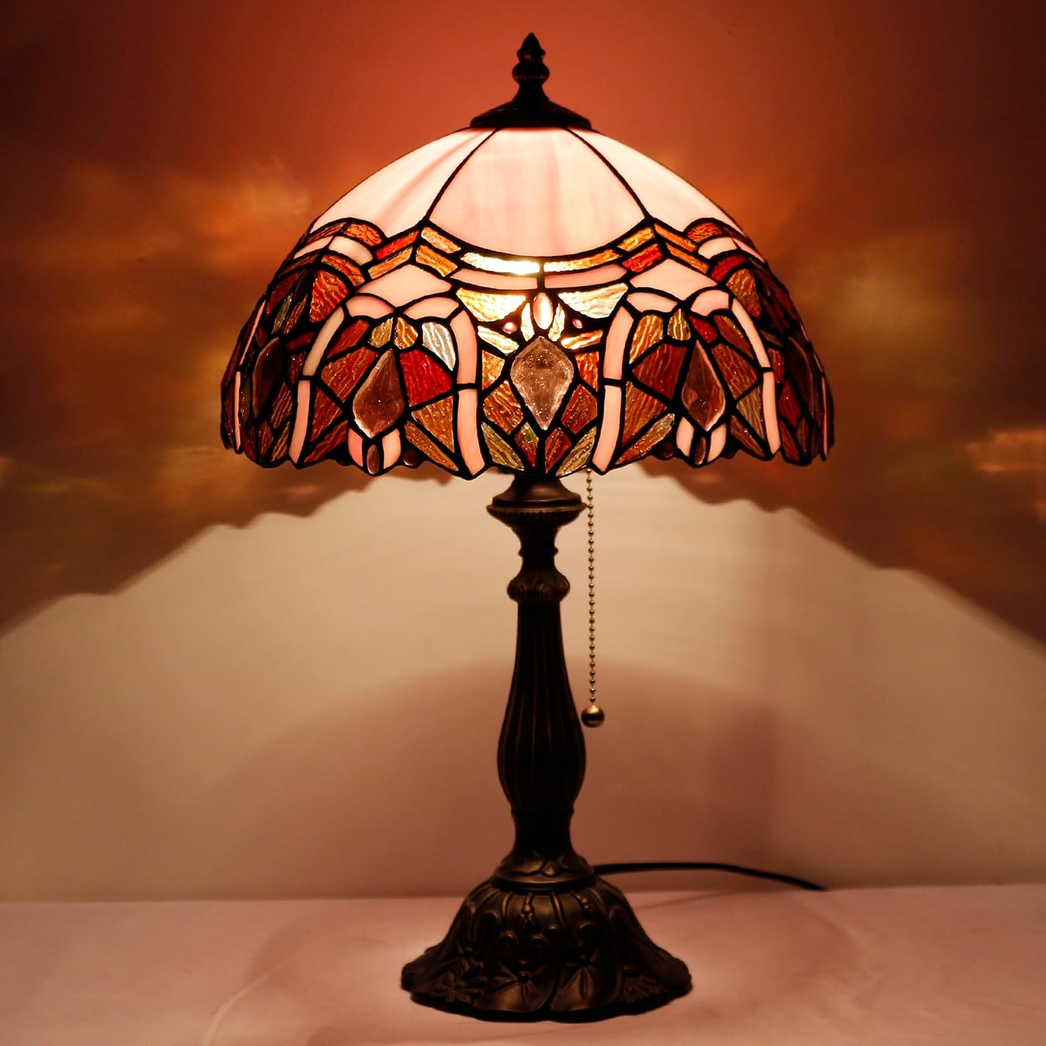 Tiffany Table Lamp Stained Glass Lamp 12X12X19 Inch Antique Reading Light (Pink Jewelry)
