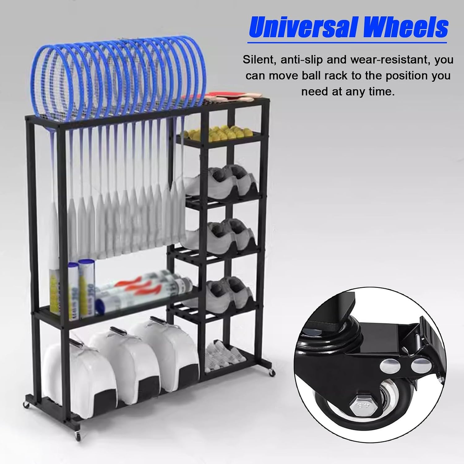 LZMZMQ Badminton Racket Display Rack with Wheels, Tennis Racquet/Ping Pong Racket Holder Storage Cart for Retail Store/Trade Show/Showcase, Garage Sports Equipment Organizer(White)