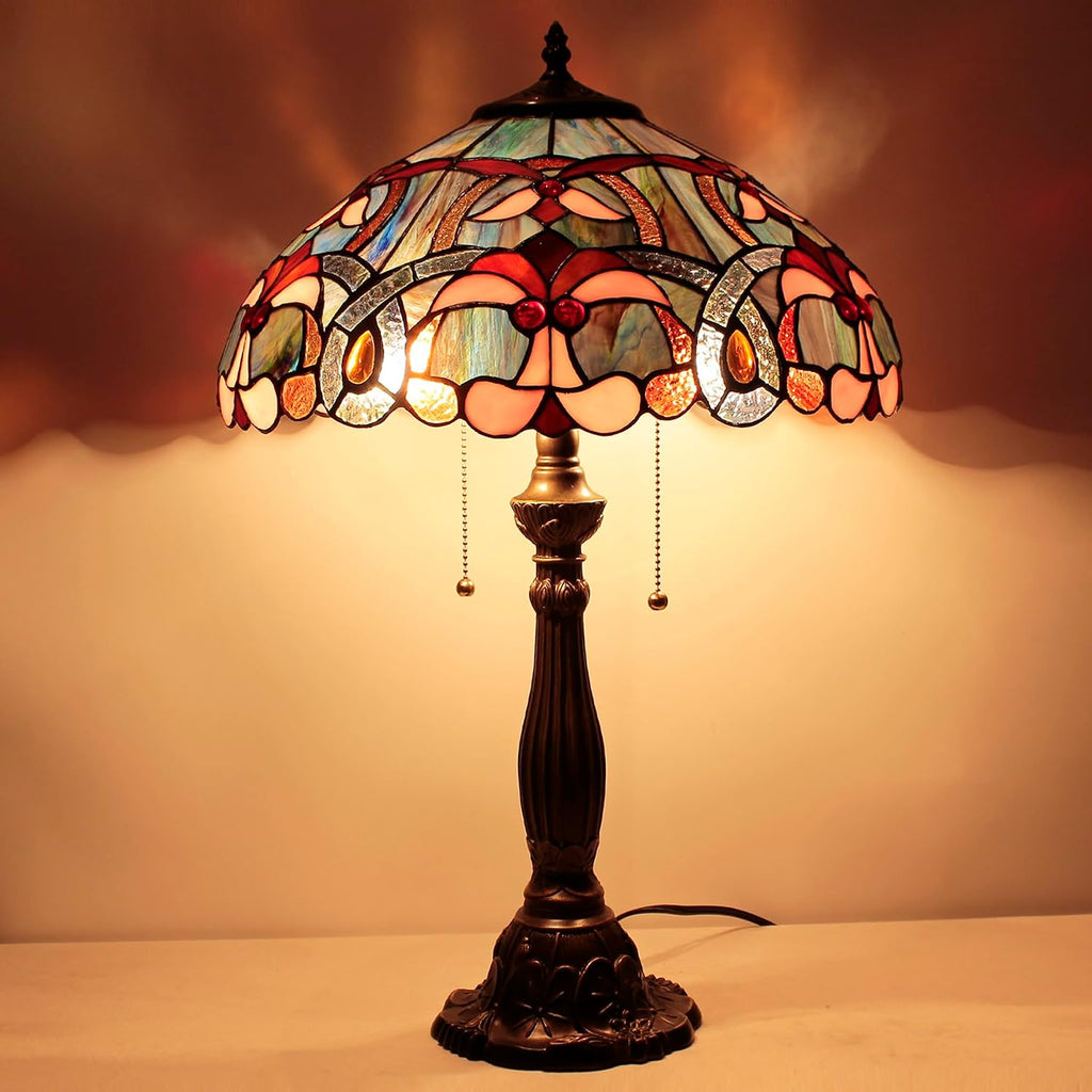 WERFACTORY Tiffany Lamp Blue Pink Stained Glass Bedside Table Lamp 16X16X24 Inch Desk Reading Lamp Resin Base Decoration Bedroom Living Room Home Office S830B Series