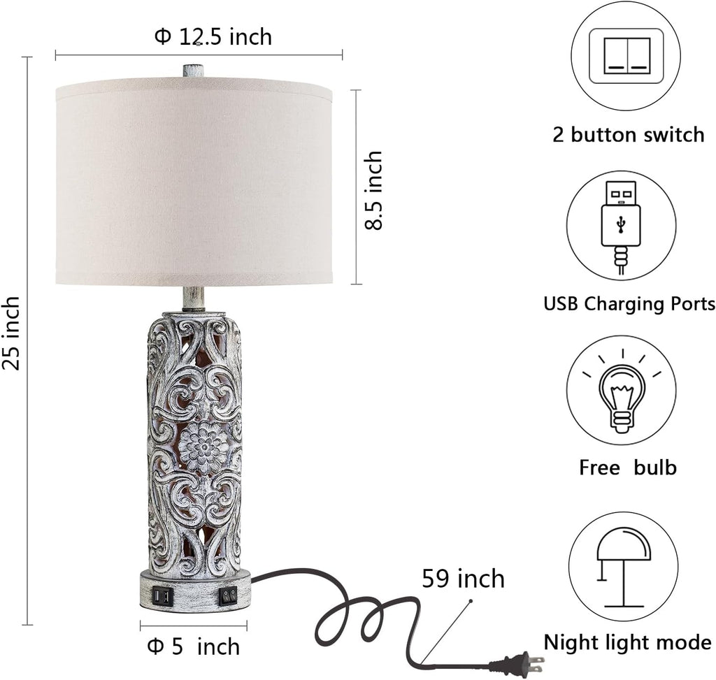 25'' Set of 2 Farmhouse Table Lamps with 2 USB Ports for Living Room Bedroom, Rustic Vintage Table Lamp with Nightlight, Earthy Yellow Hollow Out Resin Lamp for End Table, 2 Bulbs Included