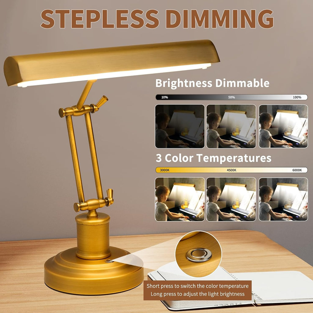 Brass Piano Lamp with 3-Way Touch Control, Vintage Gold LED Music Light for Grand/Upright Pianos, Stepless Dimming, 95+ CRI Eye-Care, Foldable Office Desk Lamp for Reading, Bankers, Library